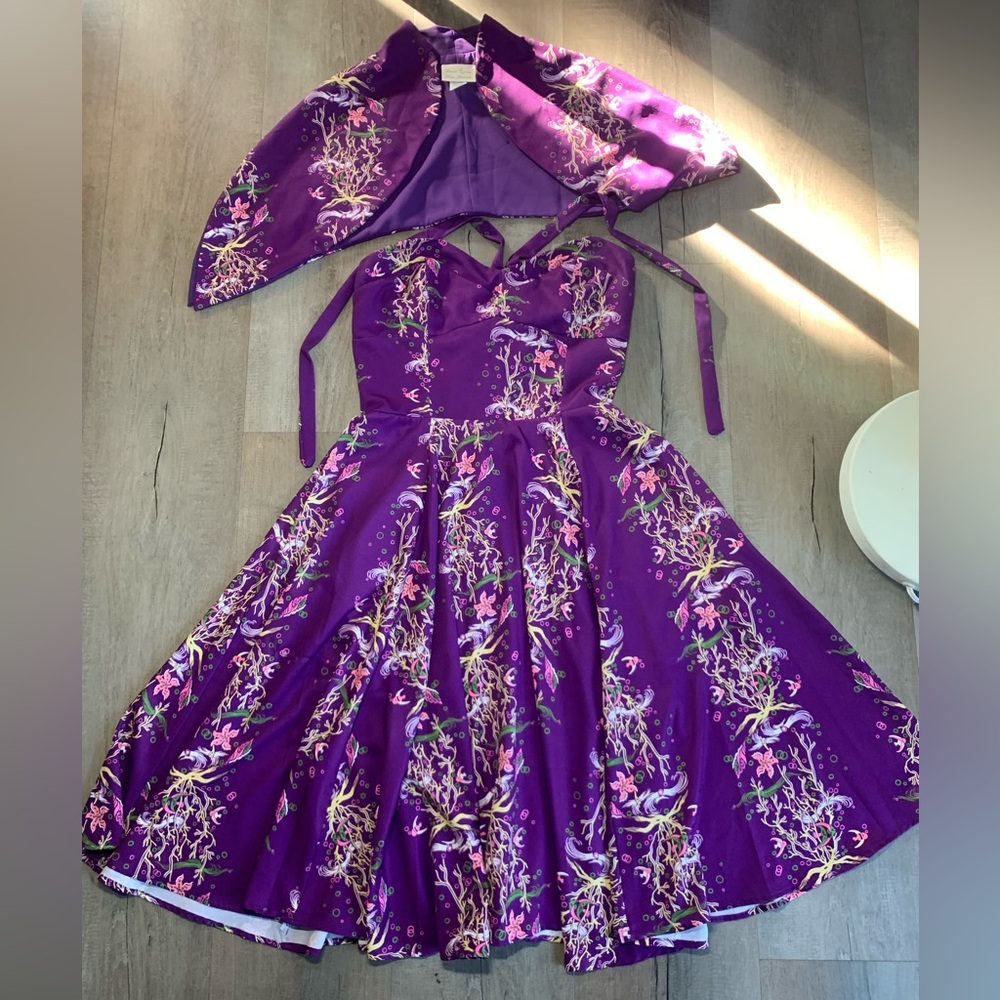 Size Large Laura Byrnes Purple Tiki fit and flare dress with Bolero